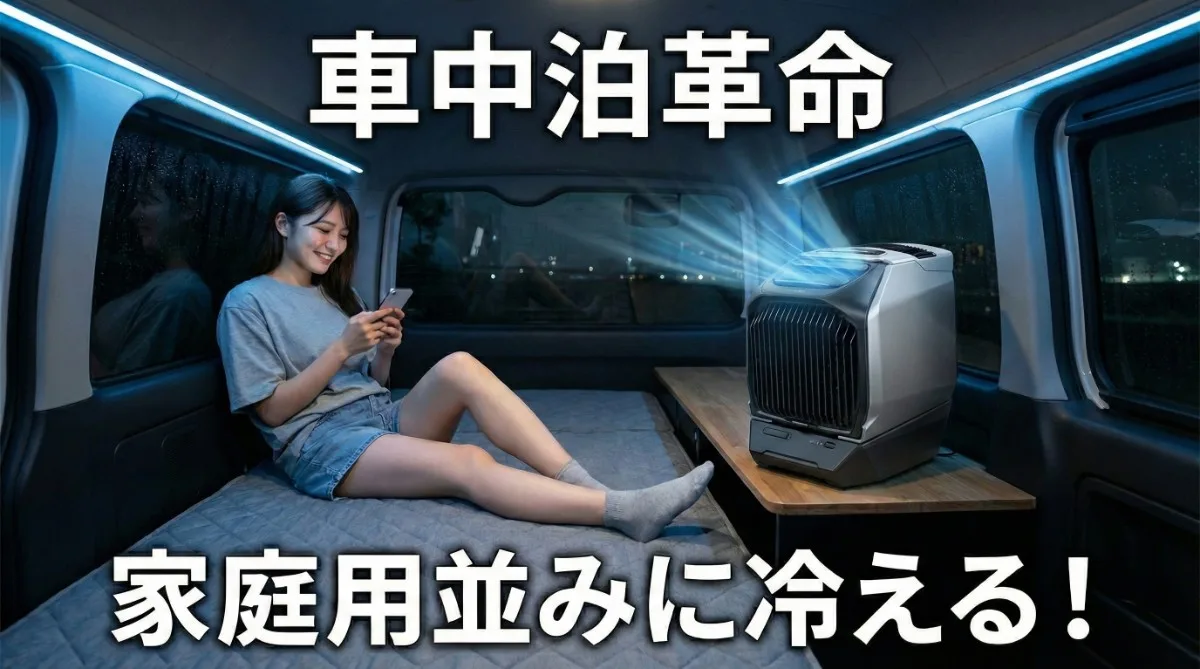 真夏の夜の車中泊。ハイエースの車内で、EcoFlow WAVE 3が稼働している。本体はシルバーと黒の未来的で角ばったデザイン。涼しい青い光の中、Tシャツ姿の若い日本人女性がベッドキットの上でスマホを見ている。「車中泊革命」「家庭用並みに冷える！」の文字。
