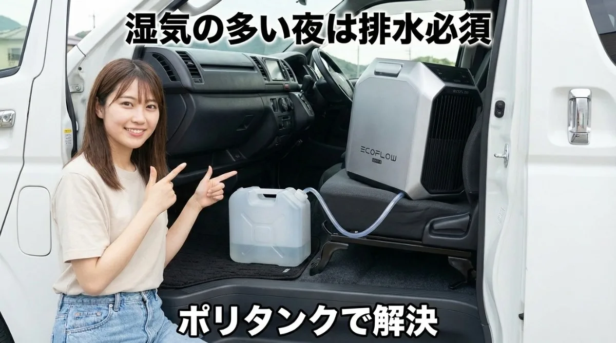 車内での排水セットアップ。シルバーと黒のツートンカラーのEcoFlow WAVE 3の背面からホースが伸び、助手席足元の半透明タンクに繋がっている。