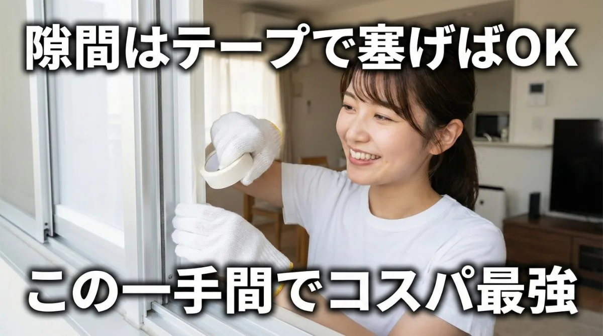 軍手を着用した日本人女性が、窓パネルの隙間にテープを貼って補修している様子。笑顔で作業しており、DIYが簡単であることを示唆。「隙間はテープで塞げばOK」「この一手間でコスパ最強」の文字。