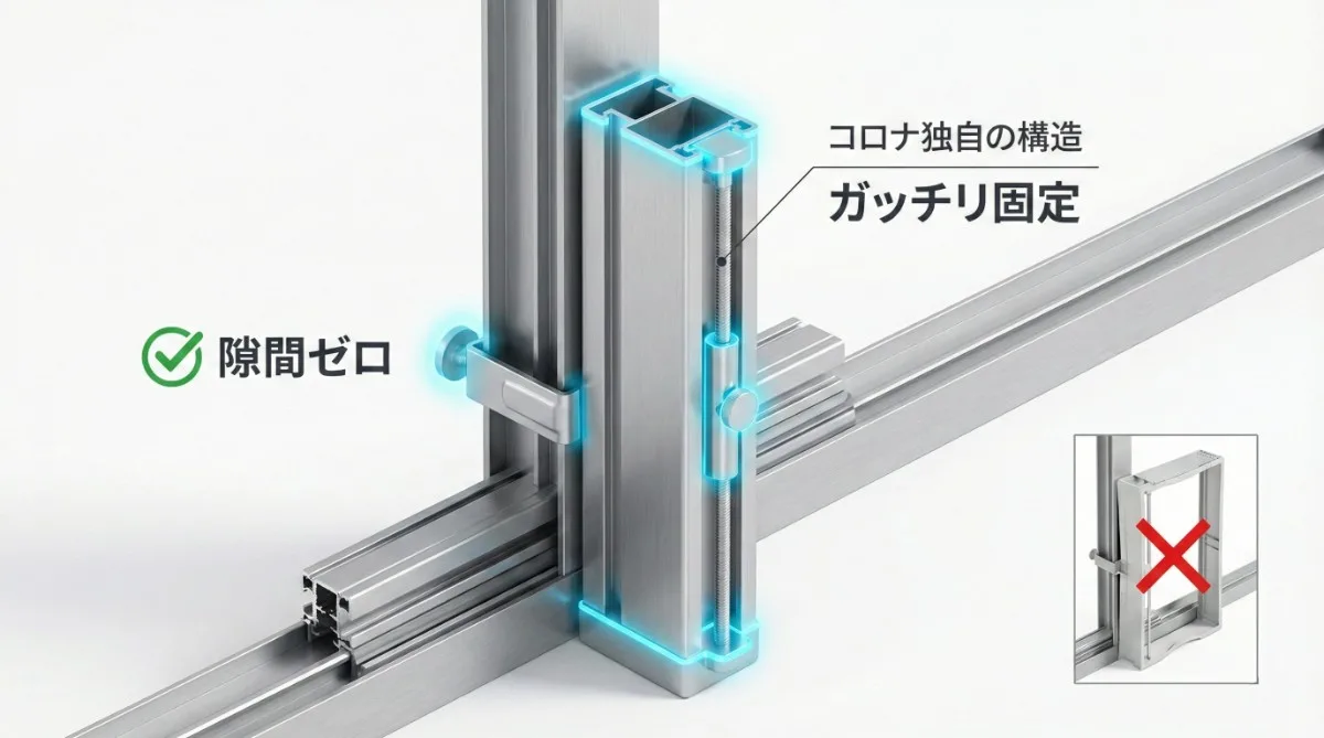 窓用エアコンの取付枠の3D構造図。白背景。シルバーのアルミ製枠が、窓のサッシに「縦」にガッチリと固定されている。固定部分がアイスブルーでハイライトされ、堅牢さを強調。比較用の他社の薄い枠には赤字でバツ印。