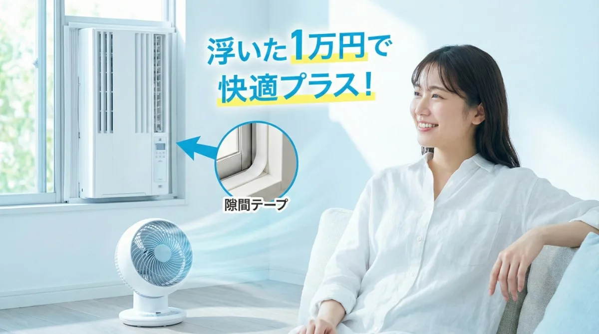 快適な部屋でくつろぐ笑顔の日本人女性。窓には縦型エアコンと隙間テープが施工され、床ではサーキュレーターが回っている。「浮いた1万円で快適プラス！」の文字と共に、賢い節約による満足感を表現。